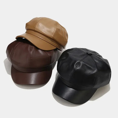 Four Seasons Pu Solid Beret Octagonal Cap Painter Hat