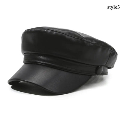Fashion Women Berets Black Pu Leather Flat Top Newsboy Caps