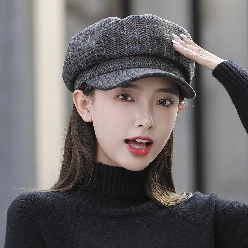 Spring Autumn Plaid Octagonal Hat Women  Retro Beret Newsboy Cap