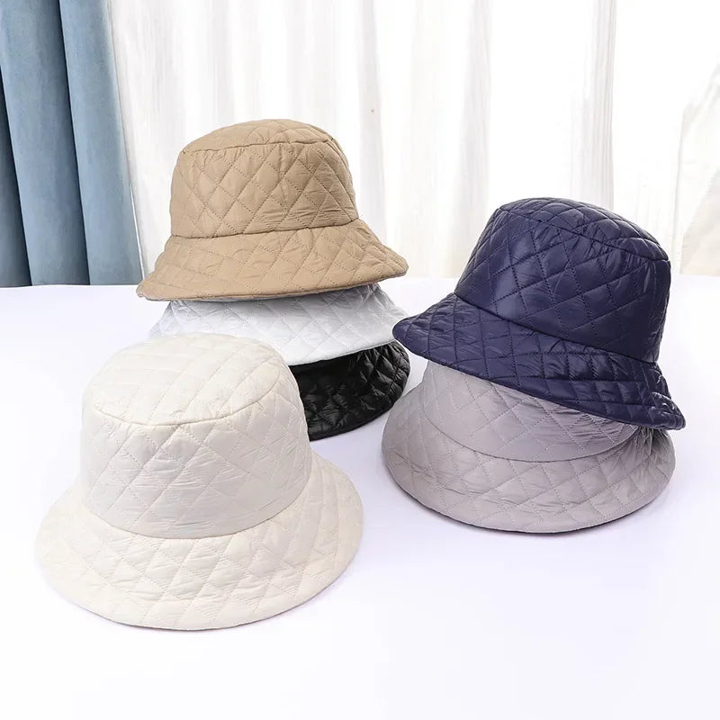 Winter New Ultra Light Down Cotton Rhombus Fisherman Hat  Cap Cotton Jacket Warm Korean Casual y2k Pot Hat