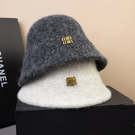 Designer Wool Warm Bucket Hat Women Fashion Fisherman Winter Hats