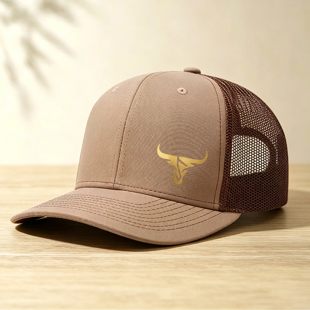 1 Gold Ox Head Print Truck Cap Breathable Mesh Back Baseball Cap Outdoor Snap Caps