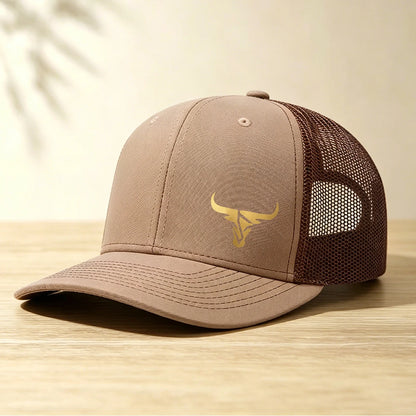1 Gold Ox Head Print Truck Cap Breathable Mesh Back Baseball Cap Outdoor Snap Caps
