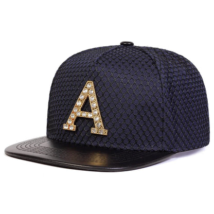 Unisex Metal Strip Drill A Letter Label Mesh Hip Hop Hat