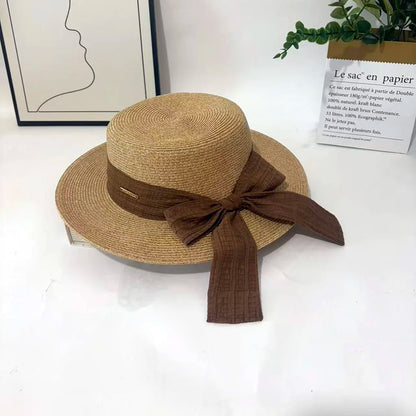 Bow Ribbon Flat Top Straw Hat For Women Summer Woven Straw Sun Hat