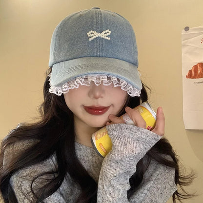 Korean-Style Bow-Tie Knit Baseball Cap Women's