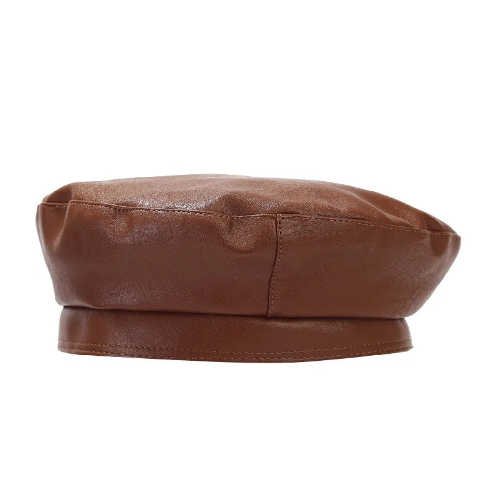 Fashionable PU Leather Pearl Bow Beret Solid Color British Style Artist Hat