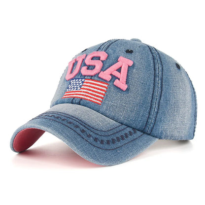 USA Flag Embroidery Caps For Men Women Retro Denim Baseball Cap