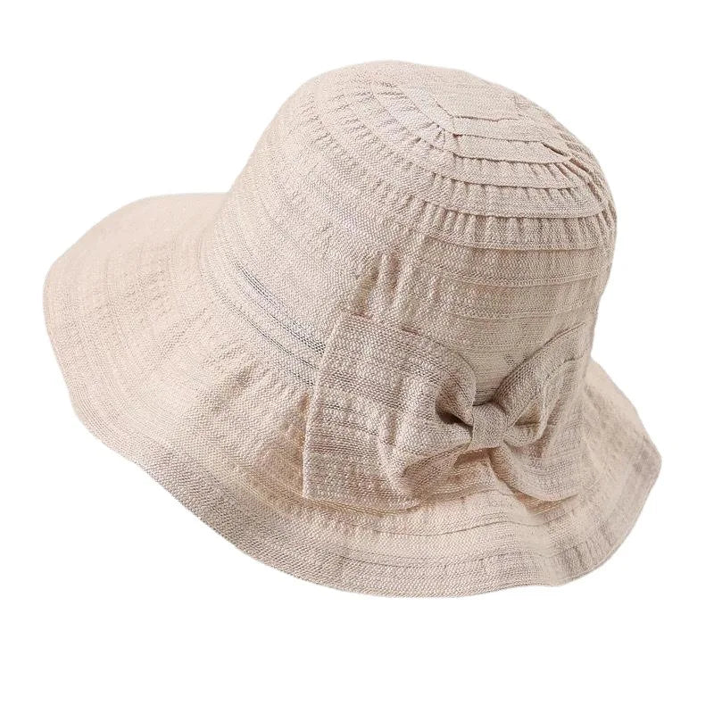 Women Bow Sun Hat With Wide Brim Foldable Removable Summer