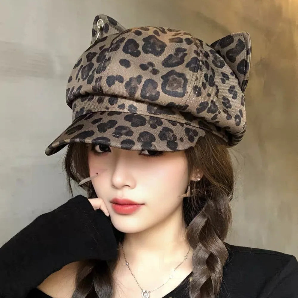 Retro Style Cat Ears Cap Leopard Print Octagonal Shape Cat