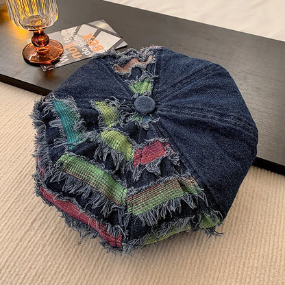Women Washed Denim Beret Hat Fashion Patchwork Hole Octagonal Cap