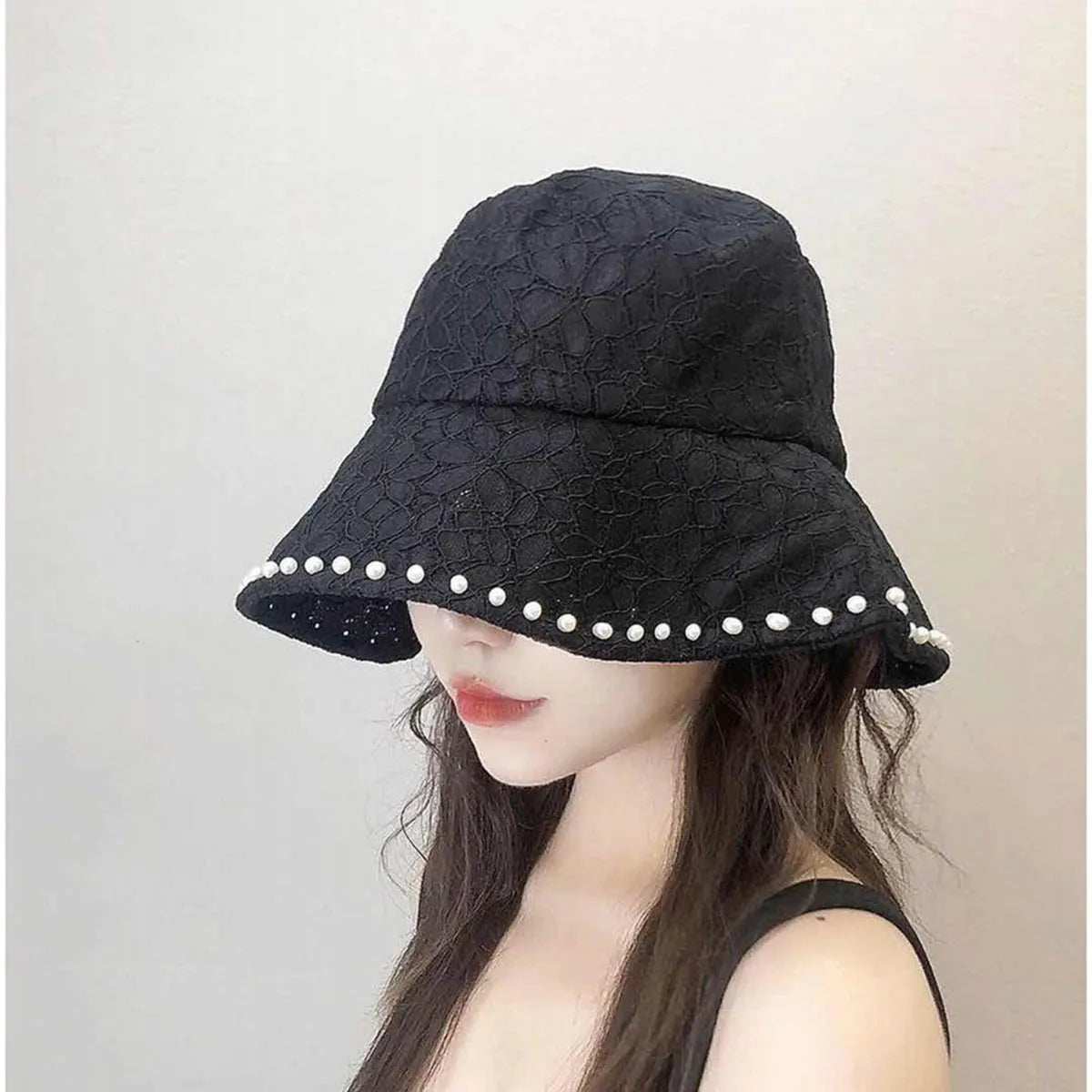 Lace Fisherman's Hat Temperament Pearl Bucket Hat Sunscreen Hat Female Show Face