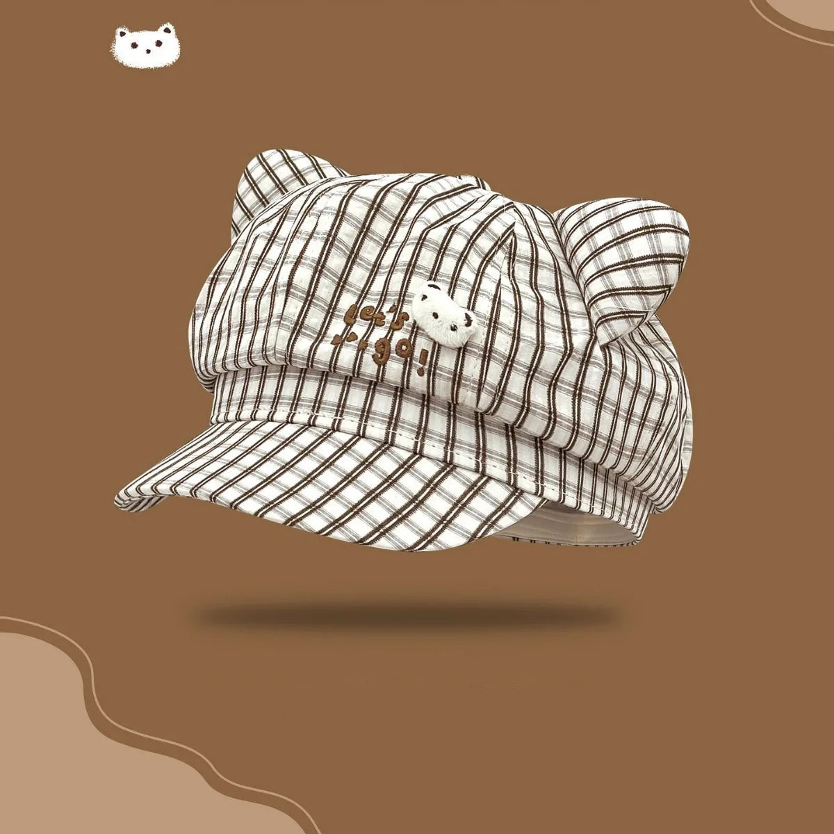 Cute Bear Plaid Ear Octagonal Hat Women Spring Summer