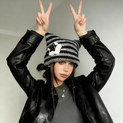 Cute Cat Ears Beanie Hat For Women Winter Striped Korean