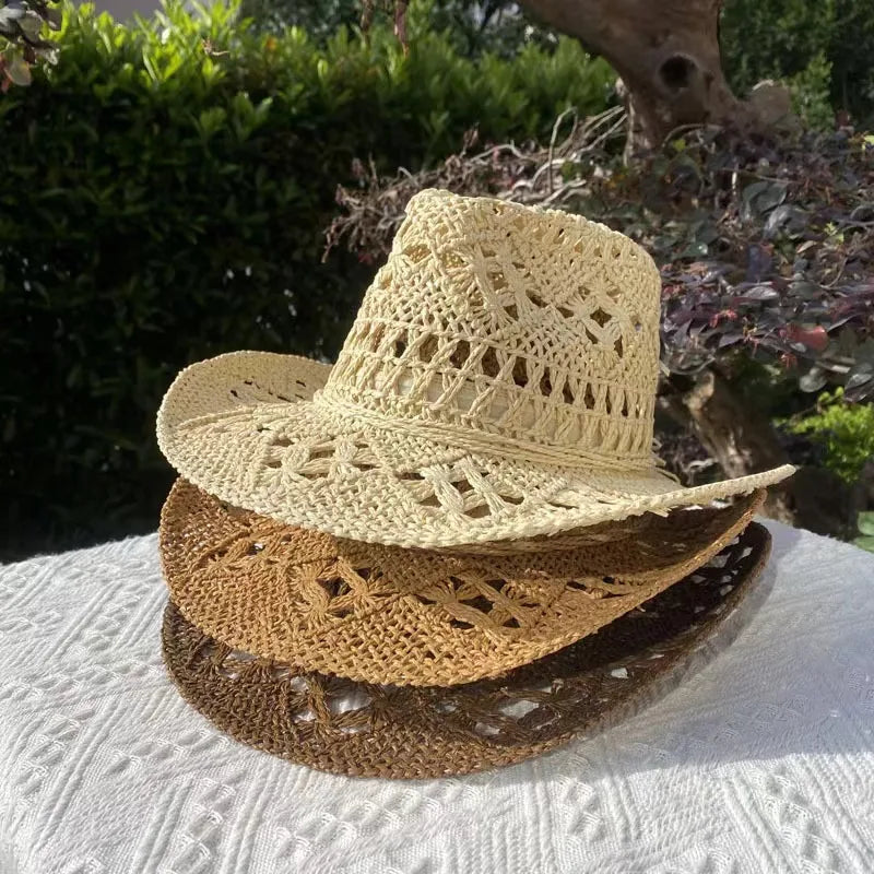 Western Cowboy Straw Hat Women Fashion Large Brim Straw Hat Breathable Outdoor