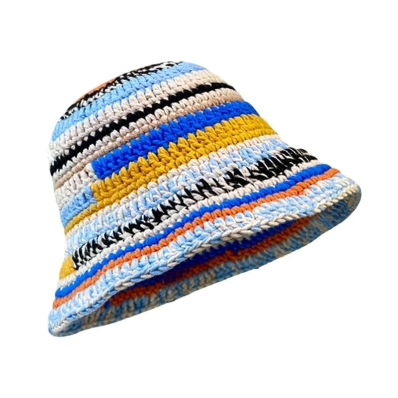 Ladies Crochet Stripe Pattern Fisherman Hat Wide Brim Bucket Hat