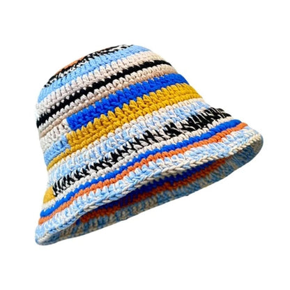 Ladies Crochet Stripe Pattern Fisherman Hat Wide Brim Bucket Hat