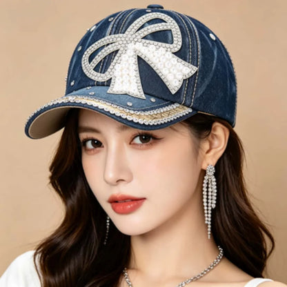 Women's Pearl Rhinestone Bow Denim Baseball Cap