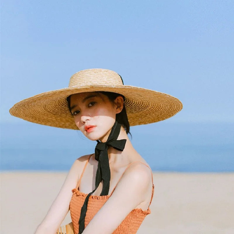 Summer Big Natural Straw Hats For Women Hand Made Wide Brim Beach Visor Caps