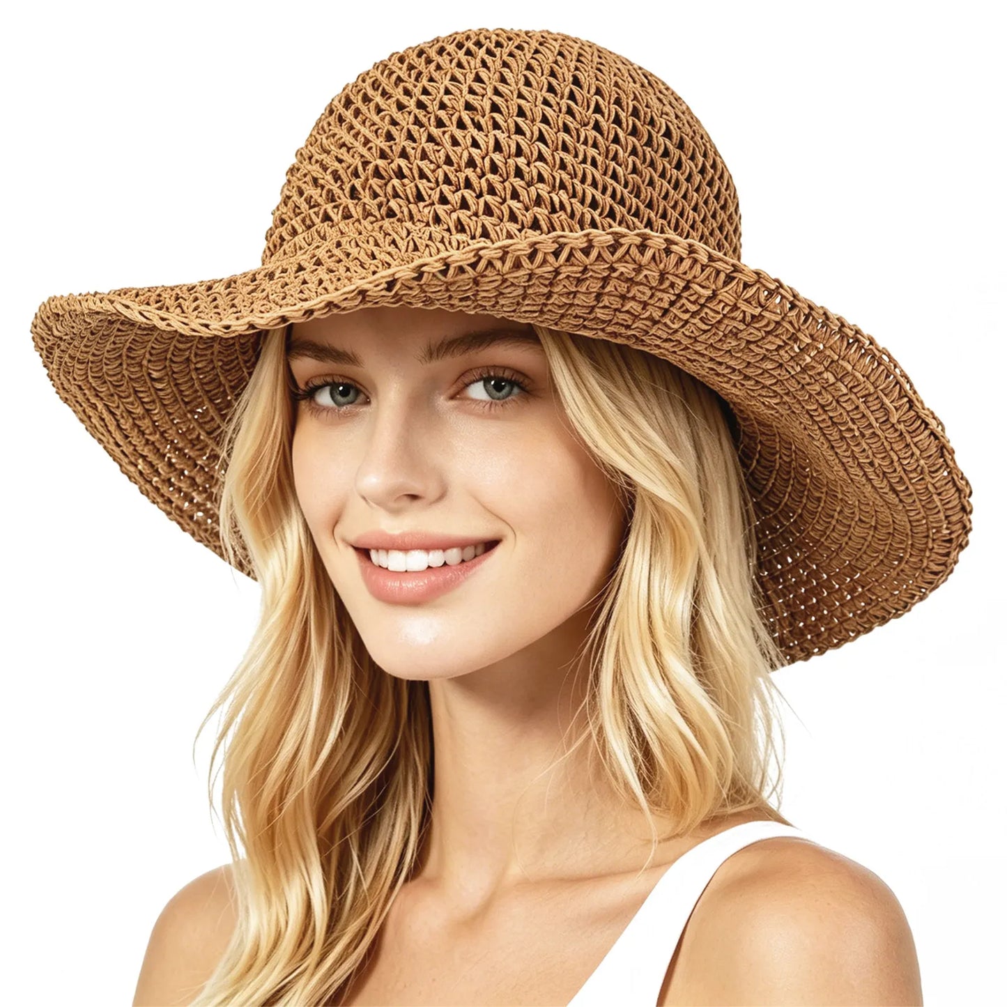 Wide Brim Straw Hat Khaki Sun Block Outdoor