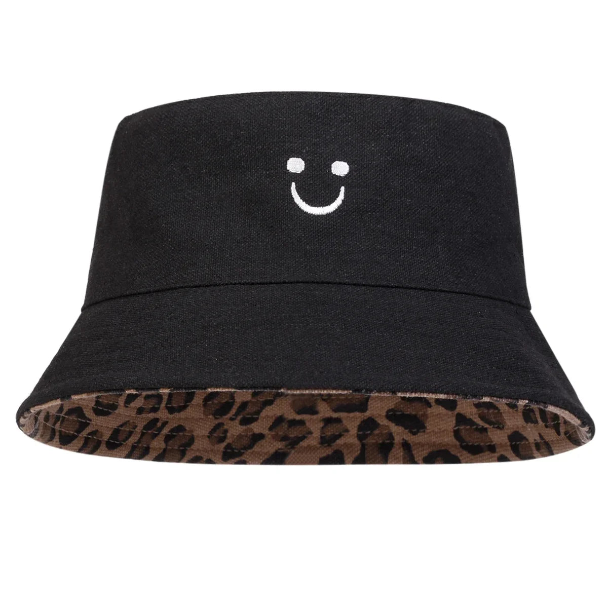 Unisex Smiling Leopard Print Double-Sided Bucket Hats Fishermen Caps