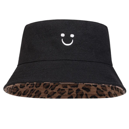 Unisex Smiling Leopard Print Double-Sided Bucket Hats Fishermen Caps