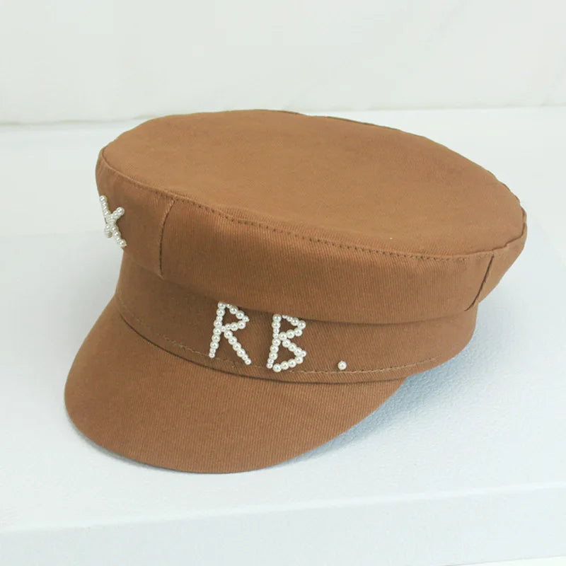 Luxury Women Pearls RB Letter Militray Hat Fashion Streetwear Navy Hat