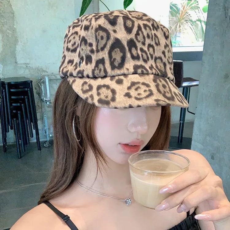 Summer Retro Old Money Style Leopard Print Flat Top Baseball Cap