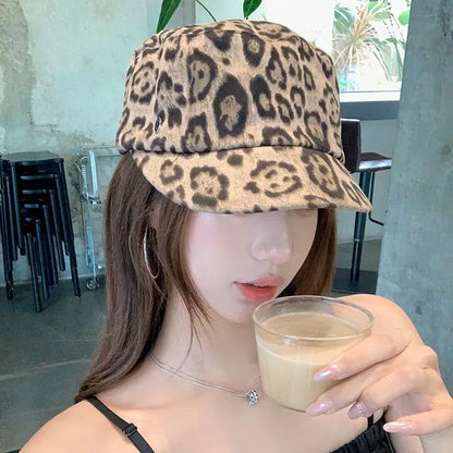 Summer Retro Old Money Style Leopard Print Flat Top Baseball Cap
