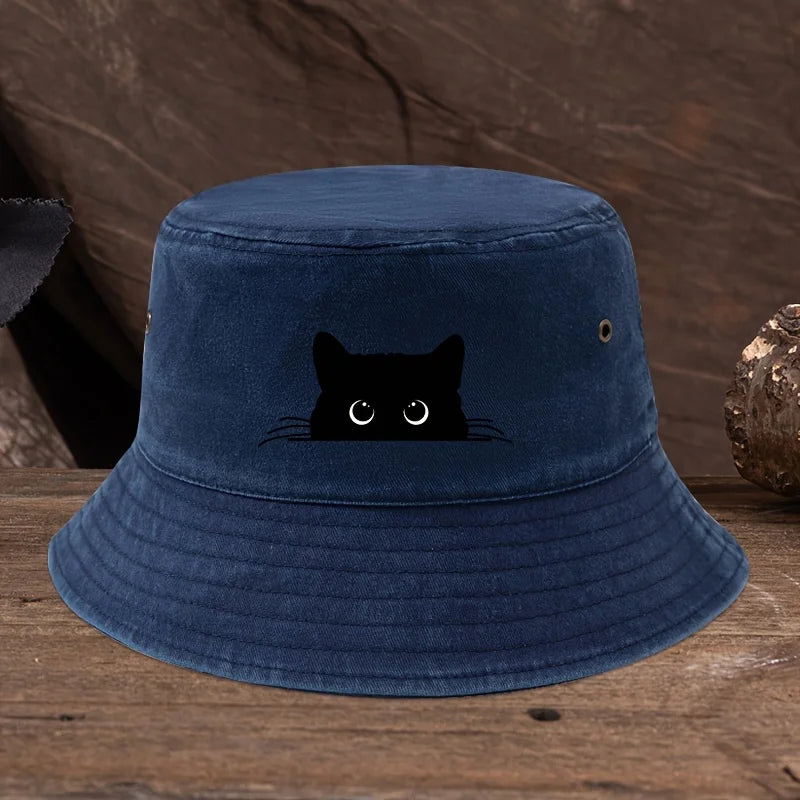 Cute Black Cat Print Pattern Fisherman Hat with Vintage Style Suitable for Outdoor Travel for Men and Women