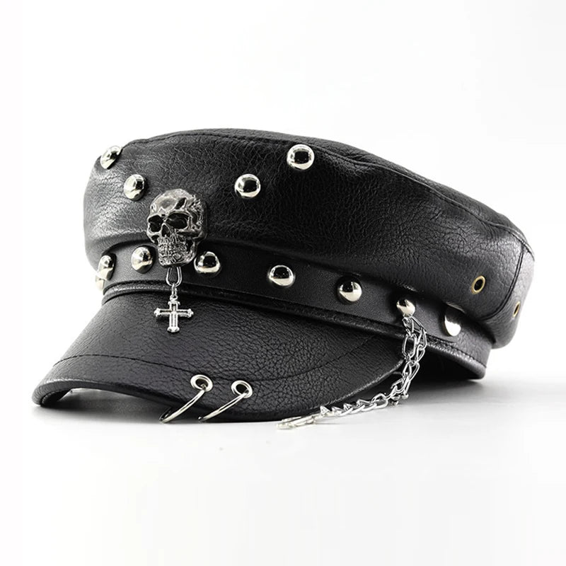 Fashion PU Leather Women Beret Punk Style Vintage Flat Top Military Caps