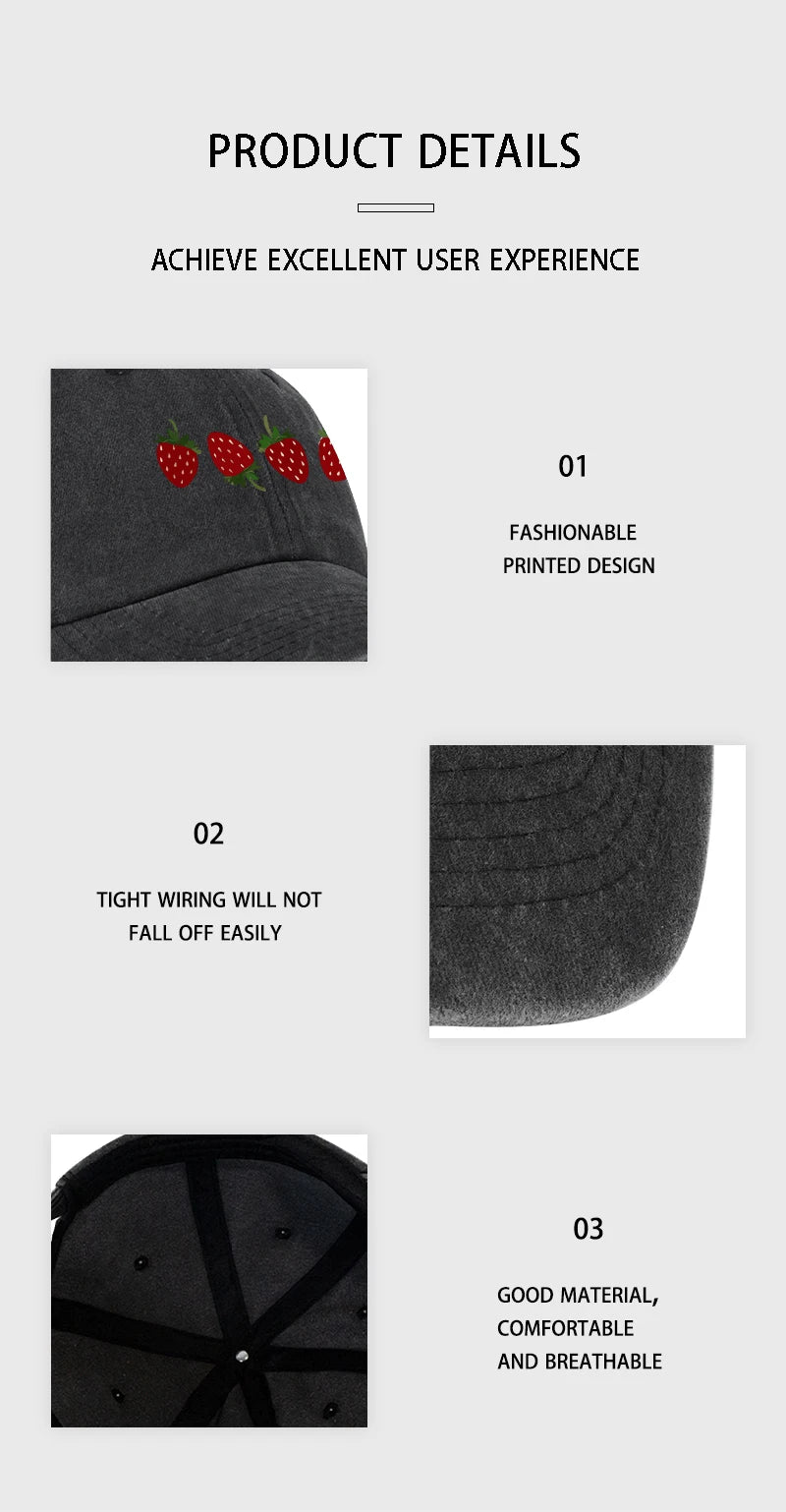 Strawberry Print Washed Baseball Cap Lightweight Breathable Adjustable Unisex Summer Casual Hat Sun Hat