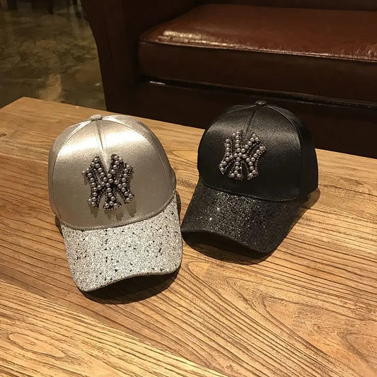 2026 New Luxury Y2K Glitter Baseball Cap – Pearl NY Logo Satin Snapback