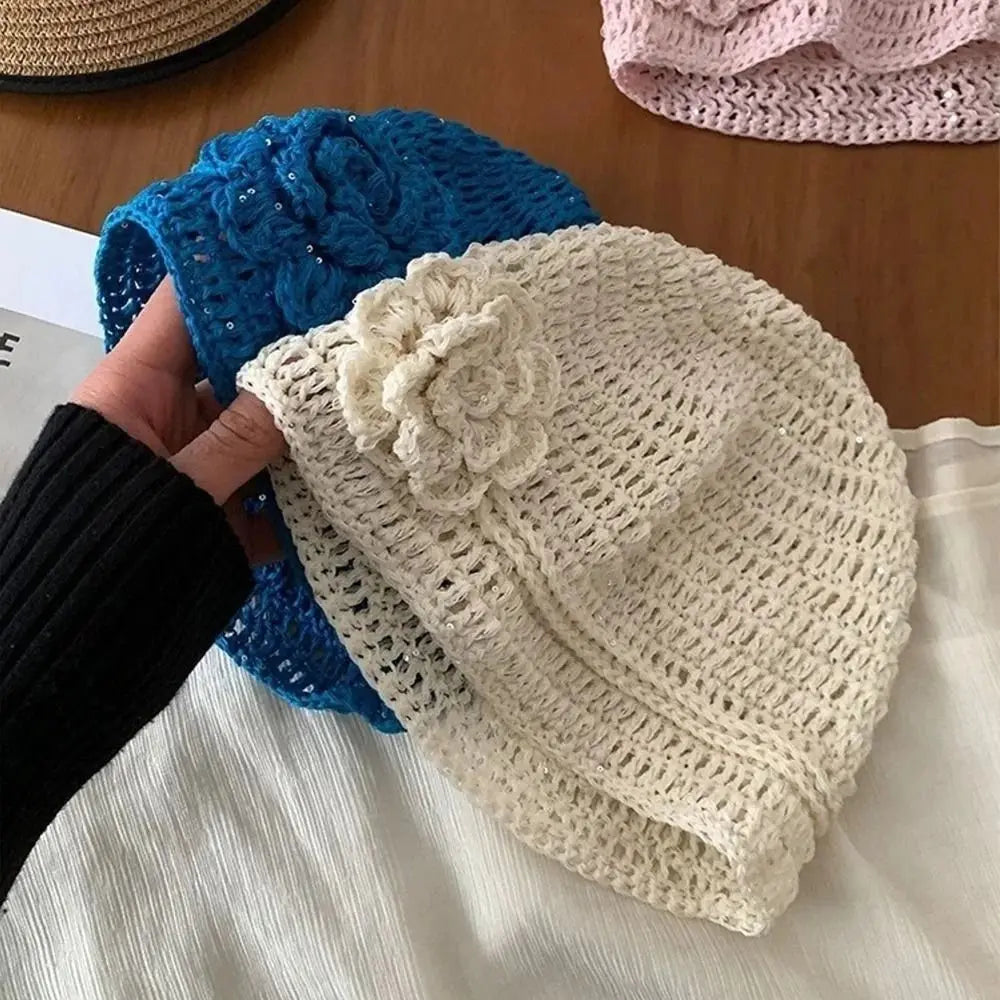 Y2k Style Flower Knitted Caps Hand-Woven Hollow Beanies Cap