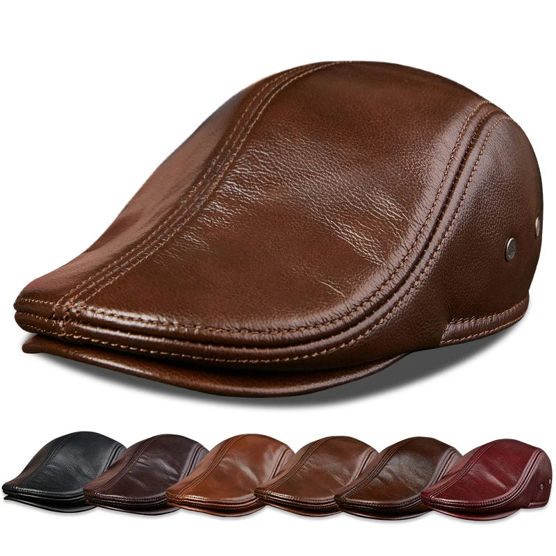 Genuine Leather Beret Hat For Men Warm Windproof Winter Cap