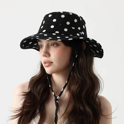 Women Versatile Sweet Lace-up Fisherman's Hat Black Dot Bucket Hats Summer