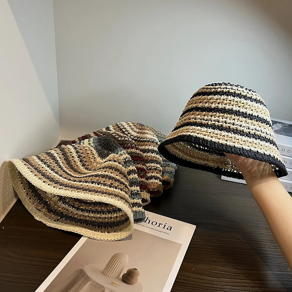 Women Summer Bucket Hat Hollow Out Knitted Fisherman Caps