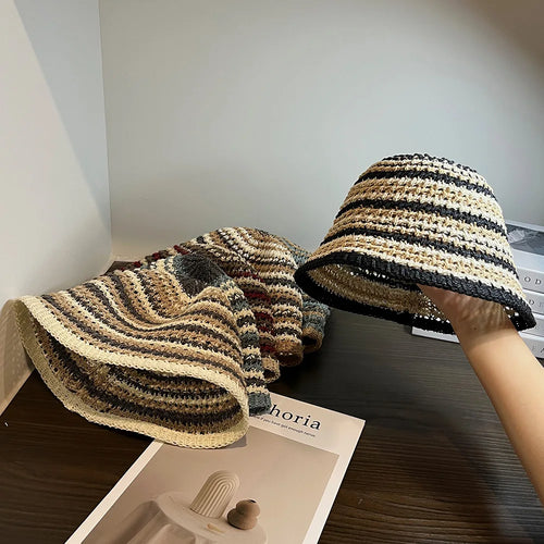 Women Summer Bucket Hat Hollow Out Knitted Fisherman Caps