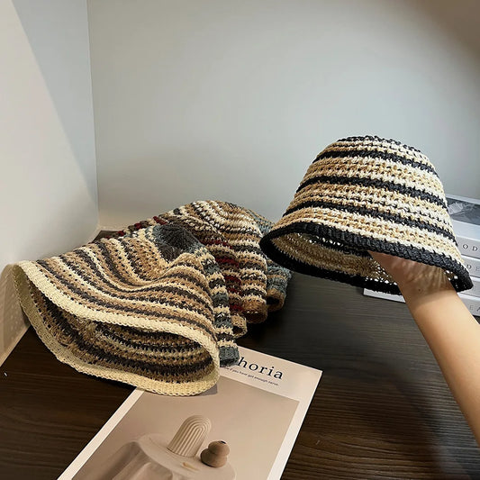 Women Summer Bucket Hat Hollow Out Knitted Fisherman Caps