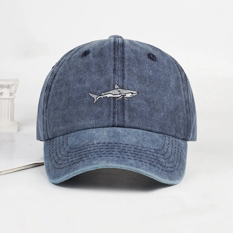 MLFO Shark Embroidered Pre Washed Baseball Cap Summer Wide Brim Cap Spring Casual Cap Outdoor Sun Hat