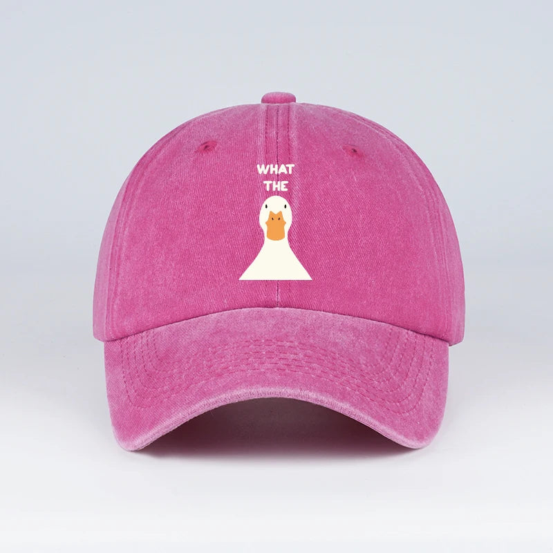 Washed Baseball Cap With What The Duck Print  Adjustable Curved Brim Dad Hat For Casual Streetwear & Daily
