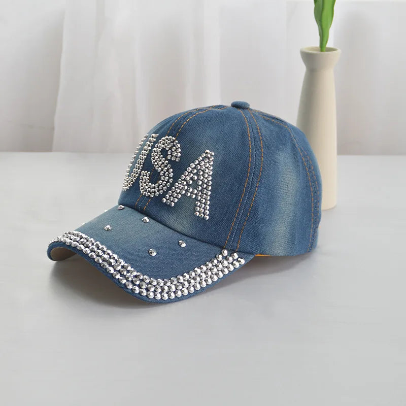 Baseball Cap Women Rhinestone Denim Cloth Sunshade Snapback Hats