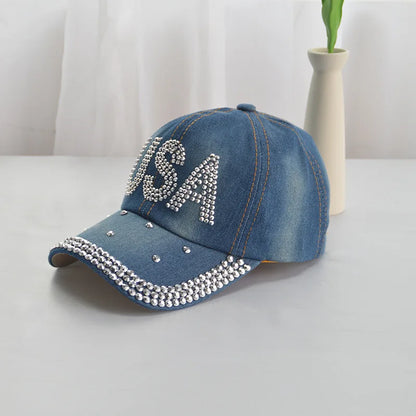 Baseball Cap Women Rhinestone Denim Cloth Sunshade Snapback Hats