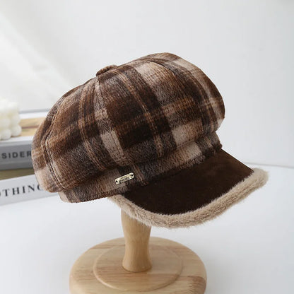 Vintage Plaid Octagonal Beret Women Autumn Winter Hats