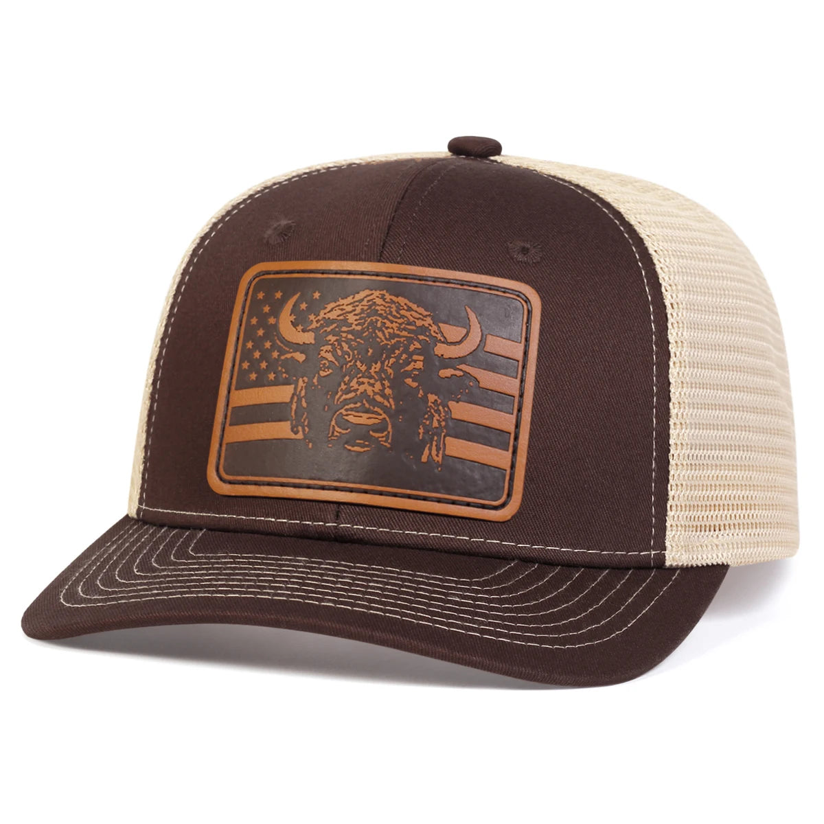 Unisex Brown Flag Bull Head Leather Label Baseball Net Caps Spring And Summer