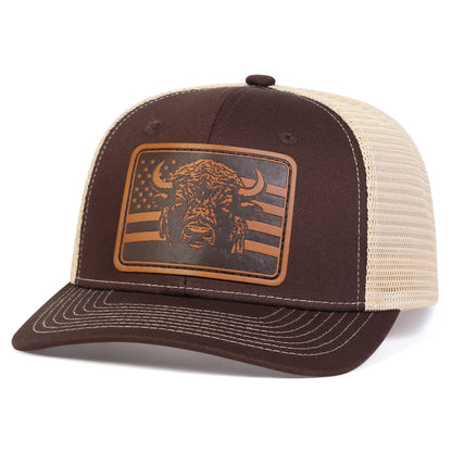 Unisex Brown Flag Bull Head Leather Label Baseball Net Caps Spring And Summer