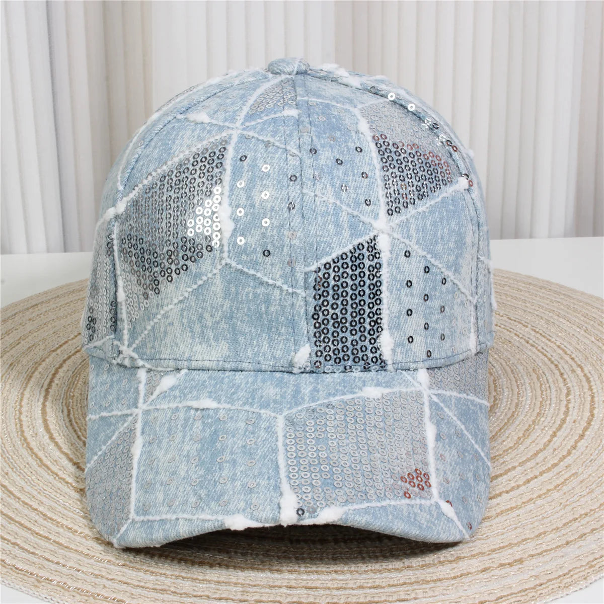 Fashionable Multiple Styles Of Glittering Sequin Frayed Denim Baseball Caps