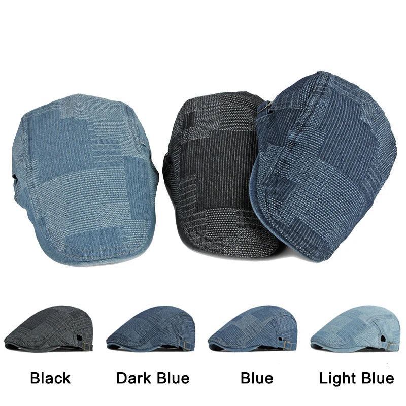 Men's Berets Hat Washed Denim Visors Herringbone Newsboy Cap