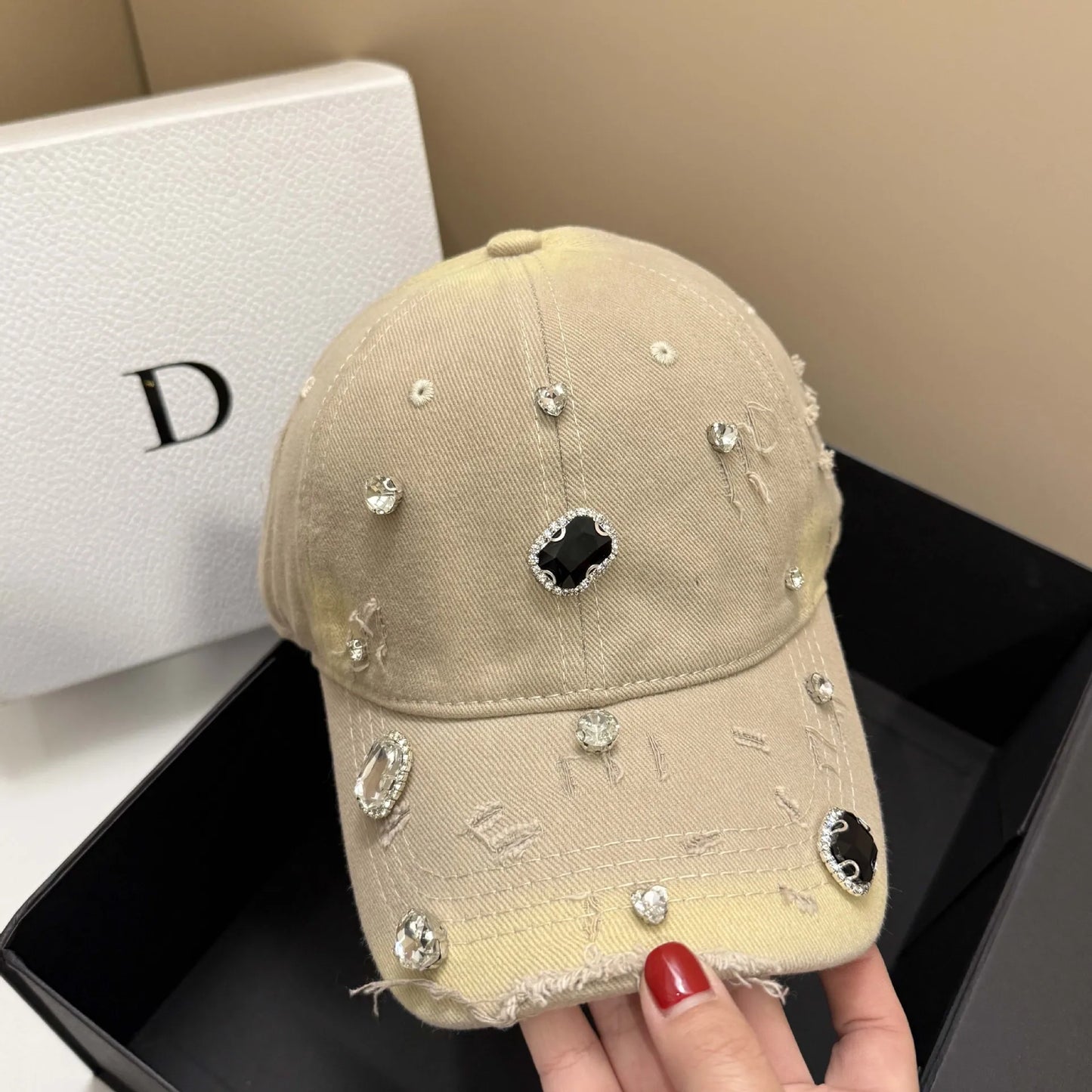 Luxury Rhinestone Hole Cotton Washed Baseball Cap