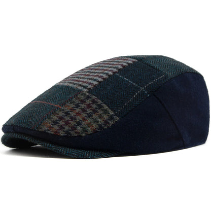Men Women Patchwork Plaid Beret Vintage Wool Blend Flat Cap